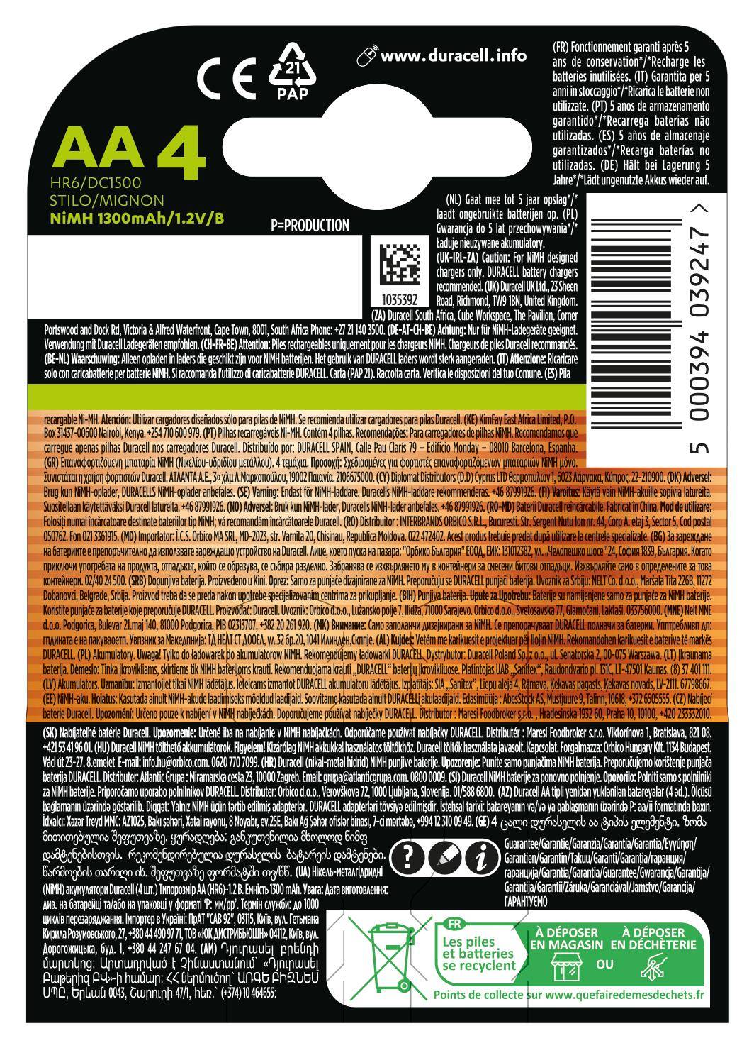 Confezione di batterie ricaricabili AA Duracell 1300mAh. Colori nero e arancione con dettagli del prodotto e informazioni sul riciclaggio.