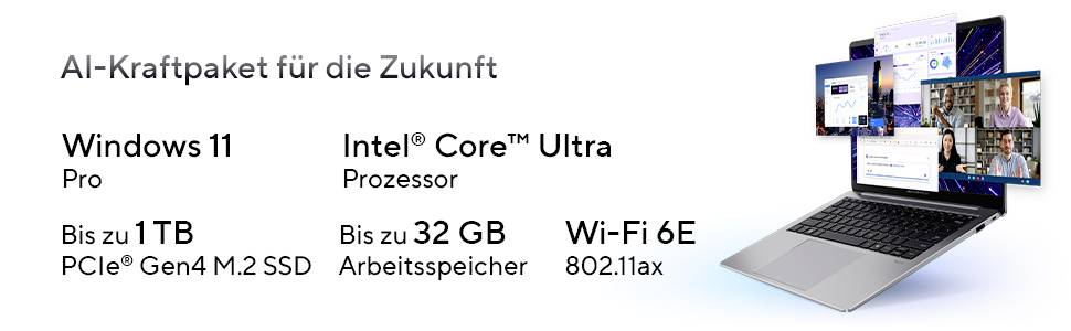 Laptop mit schwebenden Bildschirmen, die Windows 11 Pro, Intel Core Ultra, bis zu 1 TB SSD, 32 GB RAM, Wi-Fi 6E demonstrieren.