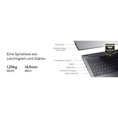 Laptop con badge 'Grado militare USA', caratteristiche etichettate: USB 3.2 Gen, Slot Kensington Nano, Thunderbolt 4 Type-C, HDMI. Testo: 'Una simbiosi di leggerezza e forza. Leggero 1,29 kg, sottile 14,9 mm.'