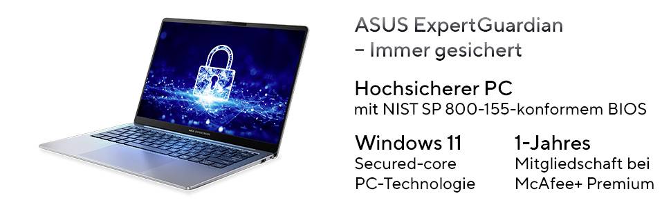 Laptop con un'icona di lucchetto illuminata sullo schermo, che promuove 'ASUS ExpertGuardian' per la sicurezza. Il testo evidenzia la conformità NIST SP 800-155, Windows 11 e un abbonamento di un anno a McAfee Premium.