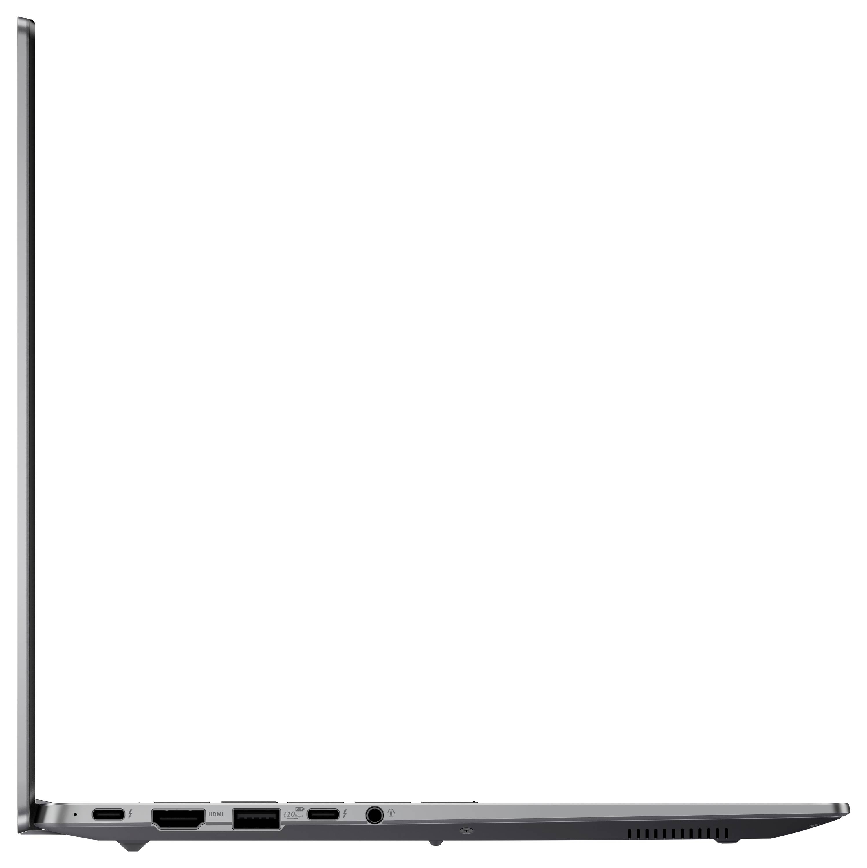 Vista laterale di un laptop sottile aperto ad angolo retto a 90 gradi, che mostra le porte come USB, HDMI e audio sul bordo sinistro.