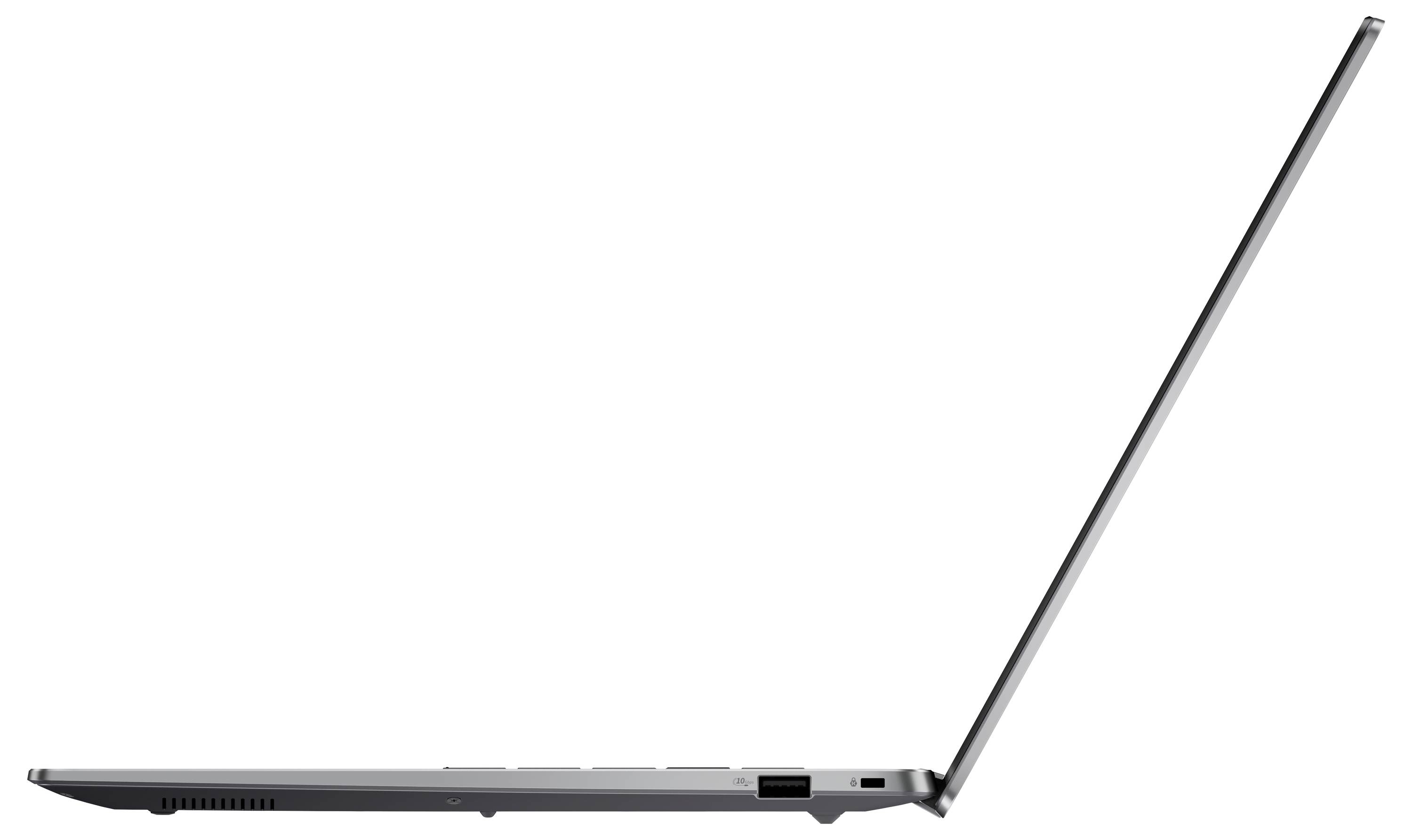 Un sottile laptop argentato aperto, visto di lato, che evidenzia il suo design minimalista e il profilo sottile.