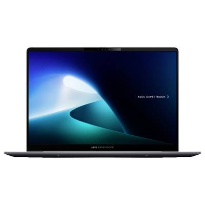 Un elegante laptop che mostra un design astratto blu sullo schermo con il testo 'ASUS ExpertBook', suggerendo un focus sull'utilizzo professionale.