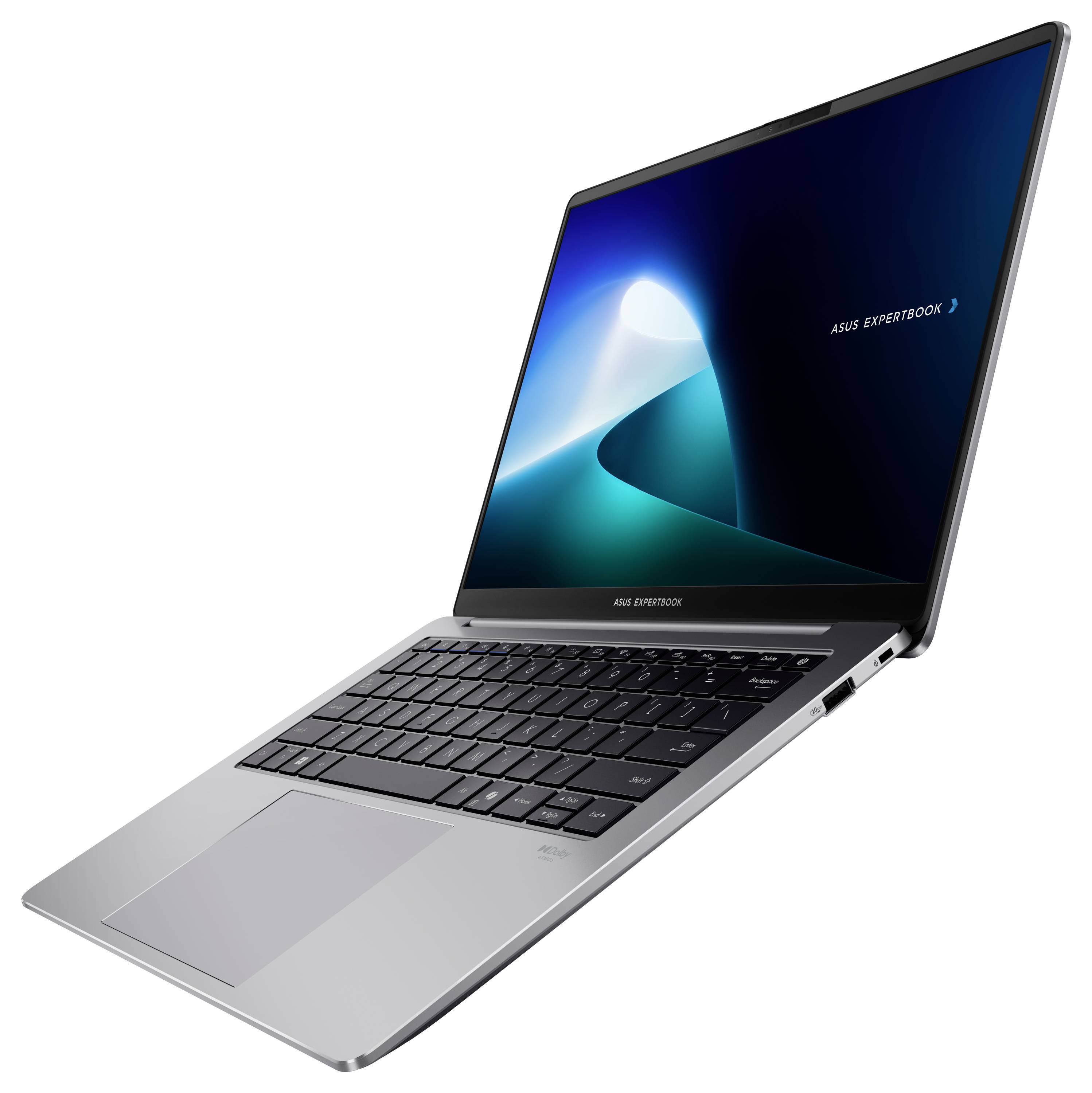 Un elegante laptop argentato con uno schermo visibile che mostra un design astratto blu e 'ASUS EXPERTBOOK'.