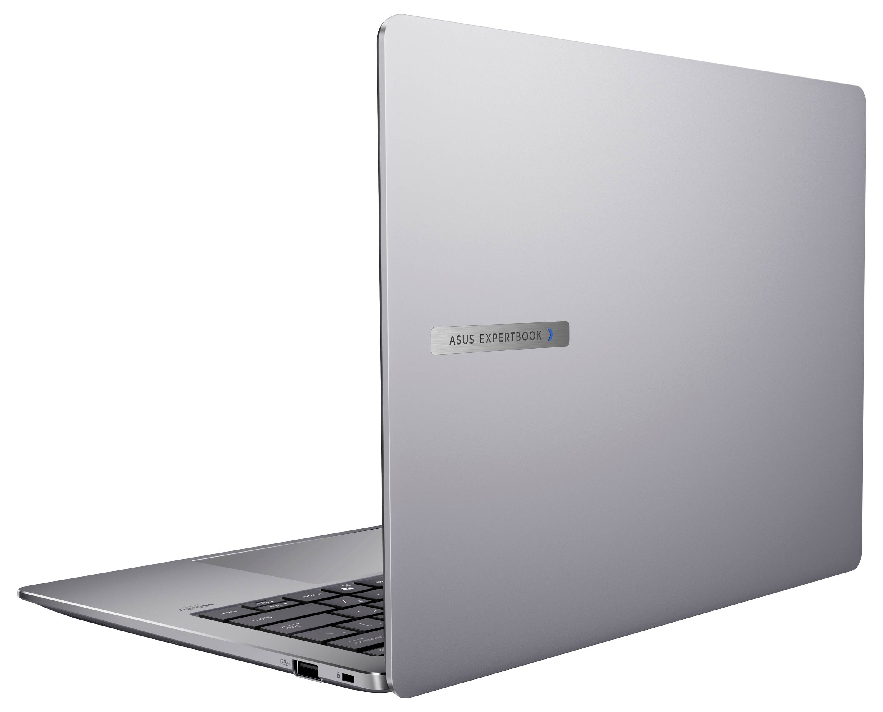 Un elegante laptop argentato parzialmente aperto, che mostra una vista laterale con il logo 'ASUS ExpertBook' visibile sul retro dello schermo.