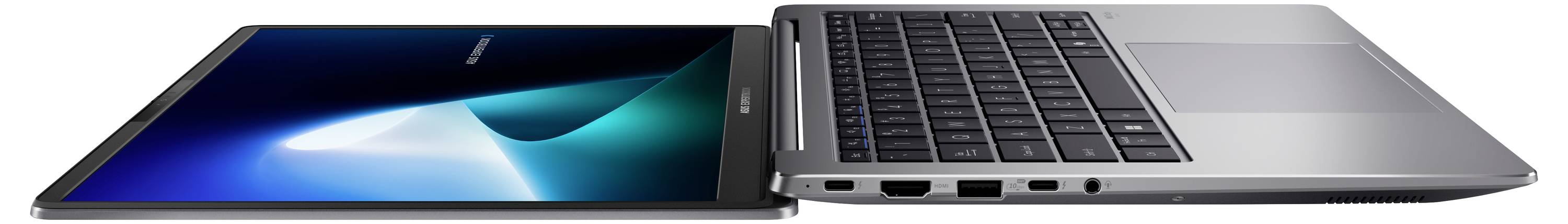 Un laptop sottile ed elegante parzialmente aperto, con uno schermo luminoso e una tastiera nera, visto di lato.