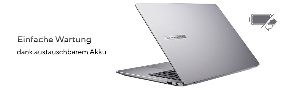 Un laptop con il coperchio leggermente aperto, che mostra un'icona di sostituzione della batteria. Testo: 'Manutenzione semplice grazie alla batteria sostituibile'