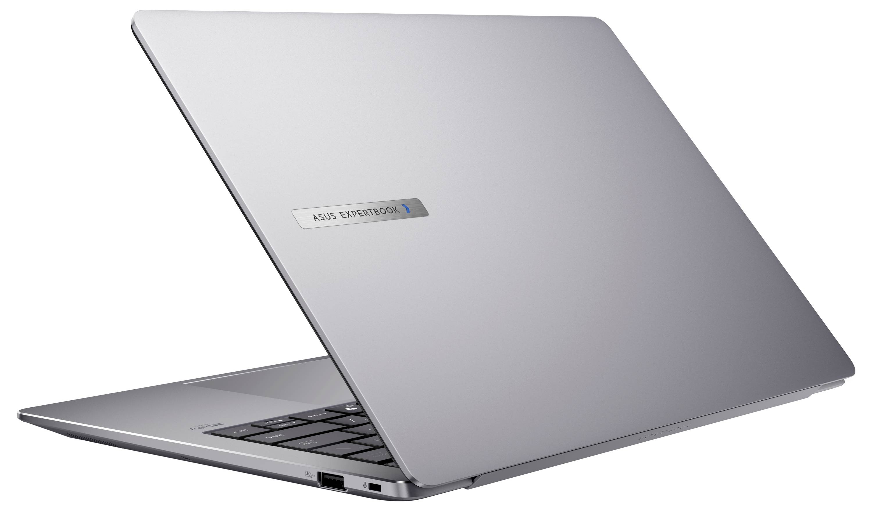 Un elegante laptop argentato leggermente aperto, visto dall'angolo posteriore sinistro, che mostra un logo. La scena suggerisce un design tecnologico moderno.