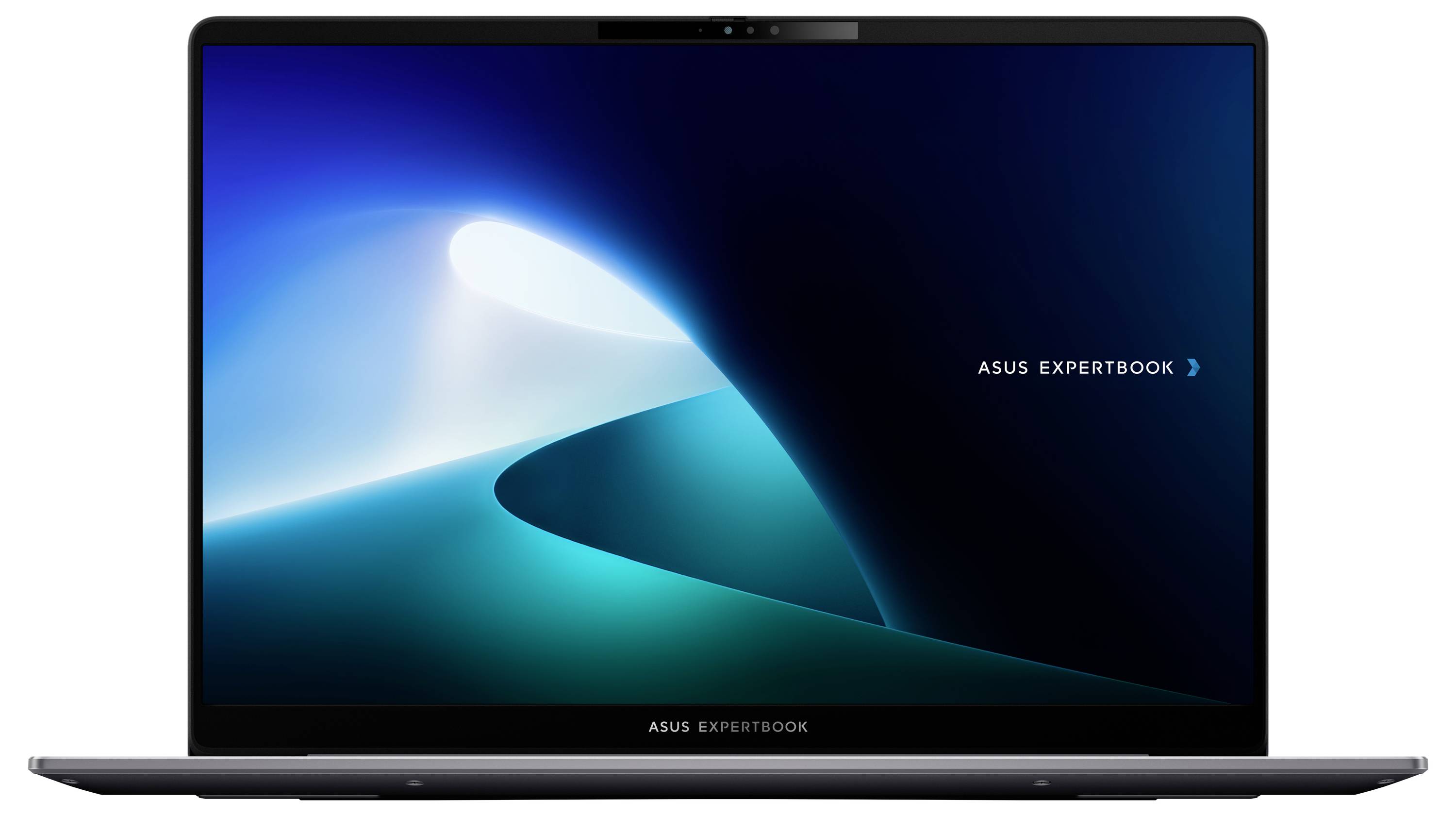 Un computer portatile che mostra uno sfondo digitale con un design astratto blu e bianco. Lo schermo riporta la scritta 'ASUS ExpertBook.'