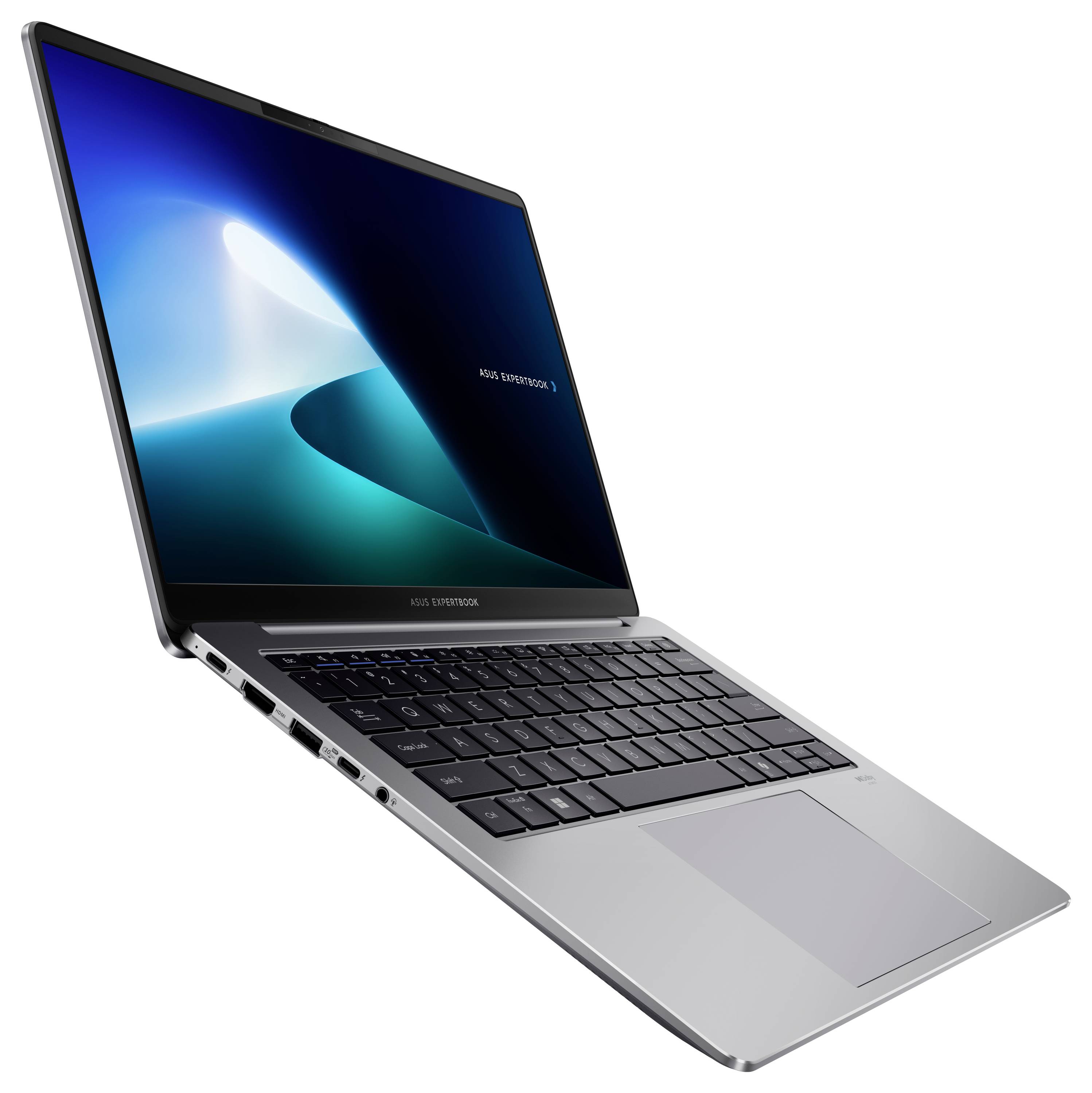 Un laptop elegante e sottile con uno schermo luminoso che mostra 'ASUS ExpertBook', con una tastiera nera e diversi porte laterali.