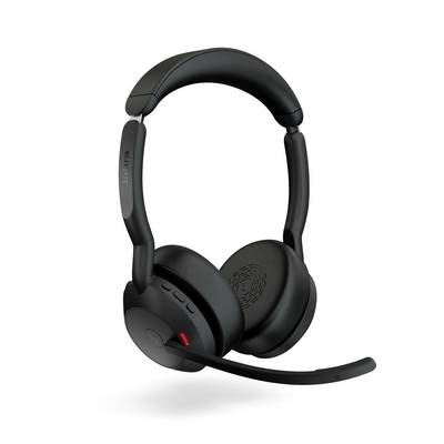 Un auricolare nero con braccio del microfono e cuscinetti auricolari, adatto per chiamate telefoniche e video, raffigurato su sfondo bianco.