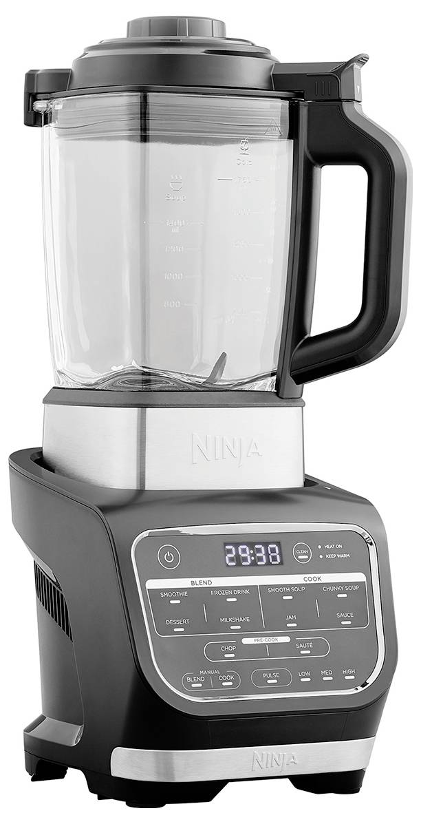 Un frullatore nero con display digitale e diversi tasti di controllo, ideale per tritare e miscelare gli ingredienti.