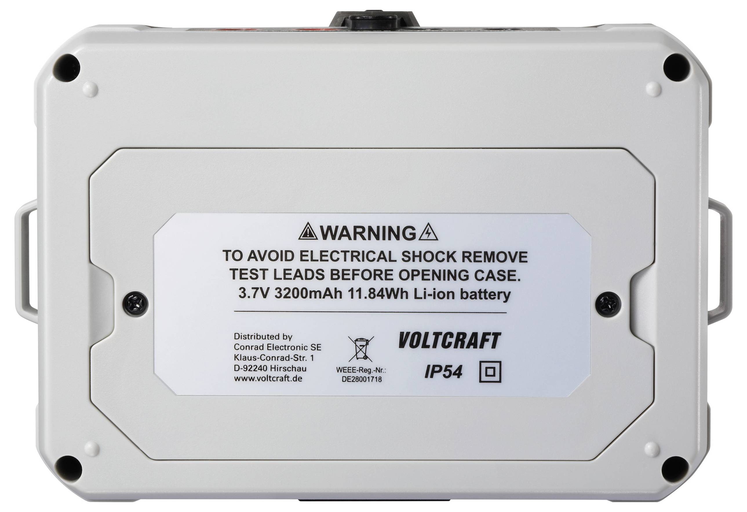 'AVVERTENZA: PER EVITARE SCOSSE ELETTRICHE, RIMUOVERE I PUNTALI PRIMA DI APRIRE IL CASE. Batteria Li-ion 3.7V 3200mAh 11.84Wh. Distribuito da Conrad Electronic SE.'