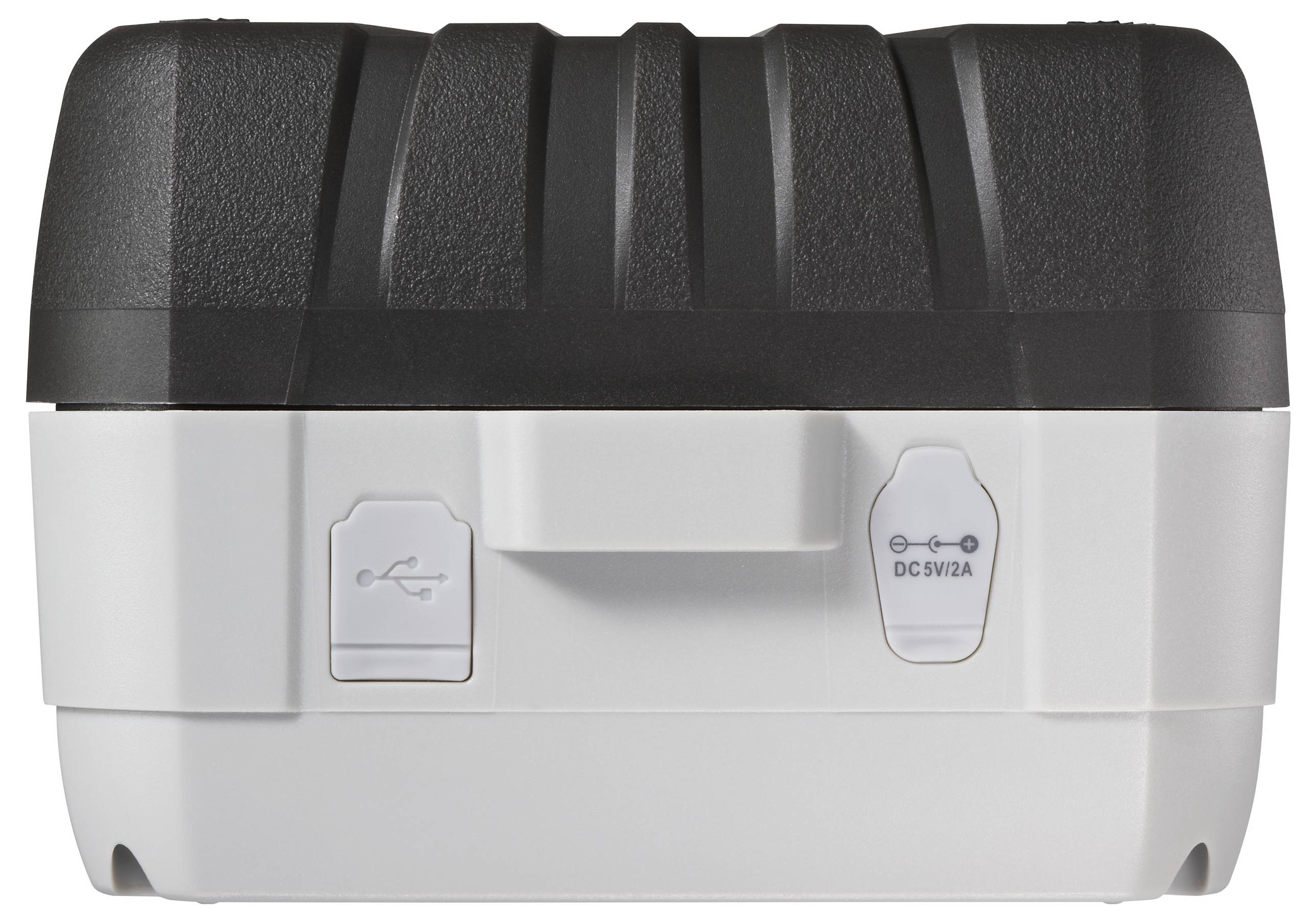 Un dispositivo elettronico nero e bianco con porte USB e DC 5V/2A nella sezione inferiore.