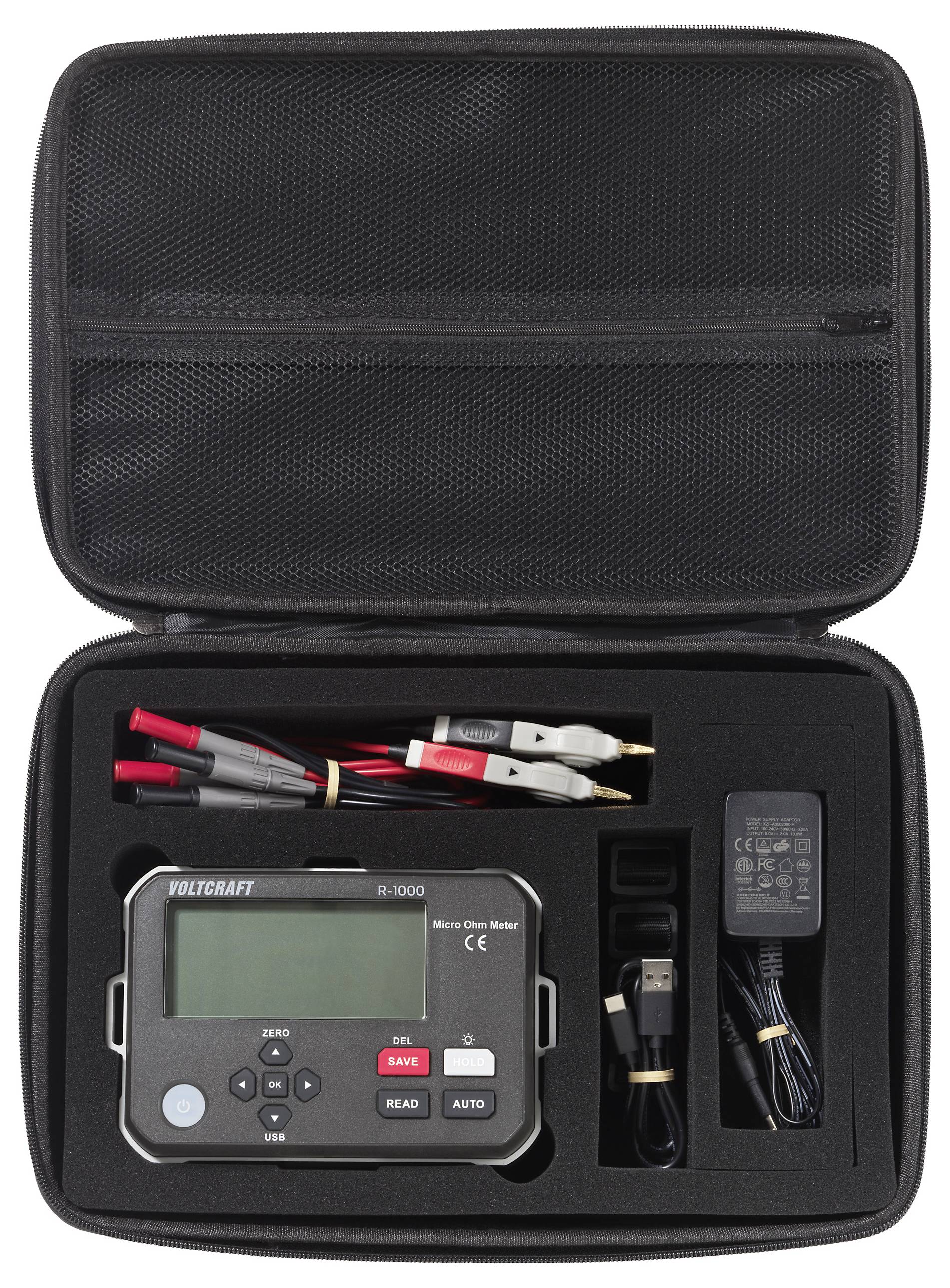 'Kit multimetro Voltcraft VC-337 con cavi, caricabatterie e cavo USB, in una custodia imbottita di schiuma.'