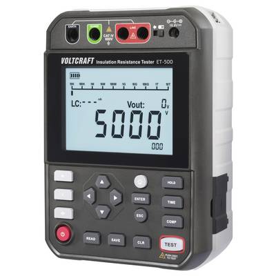 'Voltcraft Tester di Resistenza di Isolamento ET-500' con display digitale che mostra '5000V'. Sono visibili i pulsanti etichettati 'Test', 'Hold' e i tasti di navigazione.