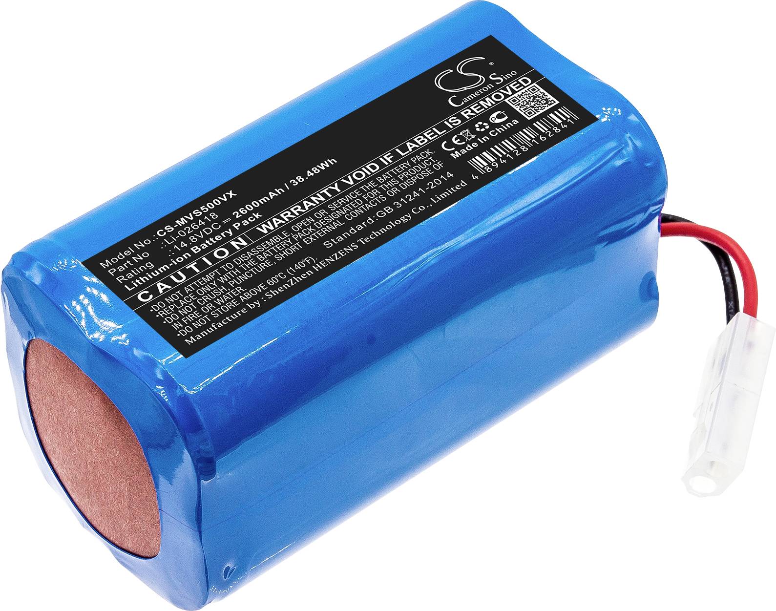 Una batteria agli ioni di litio blu con dettagli tecnici e avvertenze sulla parte superiore. Cavi per il collegamento ai dispositivi.