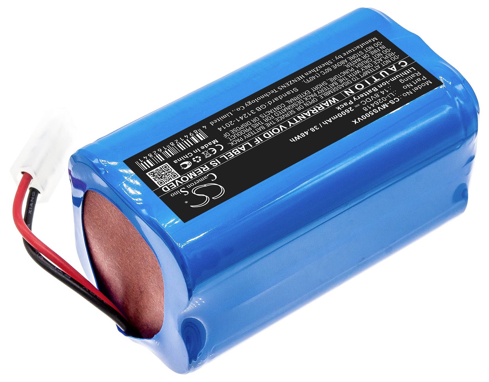 Batteria blu con etichetta di avvertimento nera e due cavi sporgenti, nero e rosso.