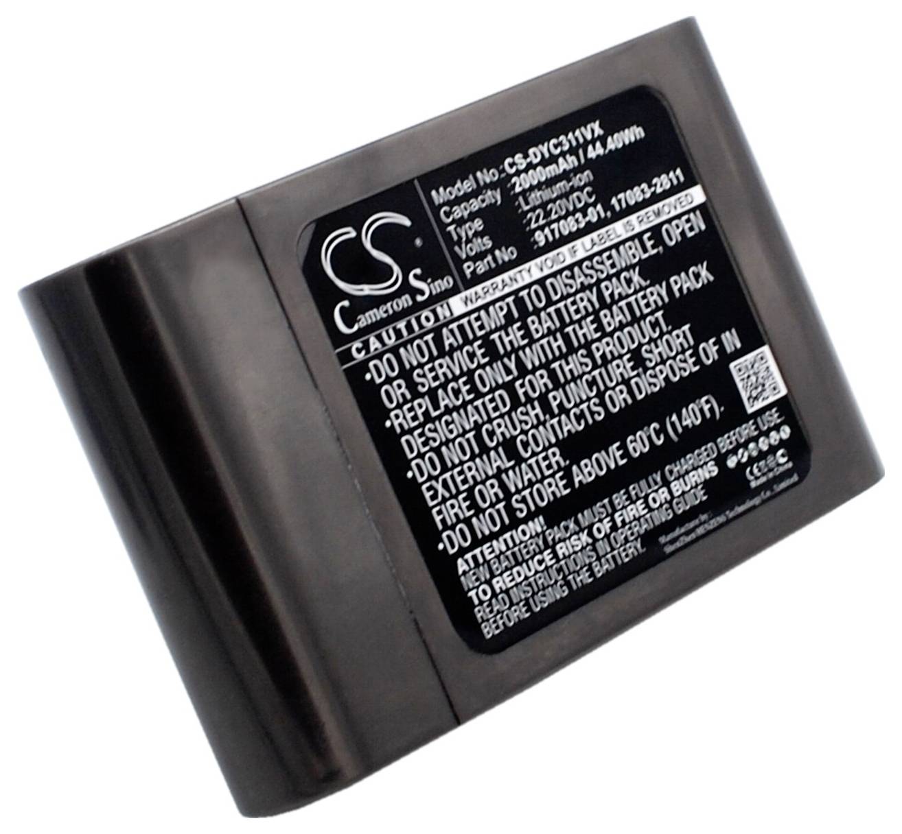 Una batteria rettangolare con etichetta adesiva. L'etichetta contiene informazioni come numero di modello, tensione, capacità e avvertenze.