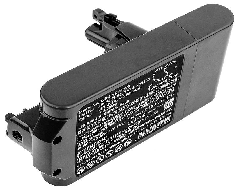 Un pacco batteria nero e rettangolare con specifiche tecniche bianche e avvertenze di sicurezza sulla superficie.