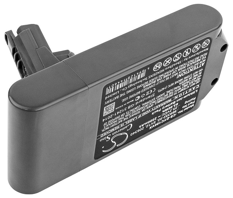 Batteria grigia con adesivo che mostra dettagli tecnici, informazioni di sicurezza e riciclaggio. La parte superiore ha due connettori.