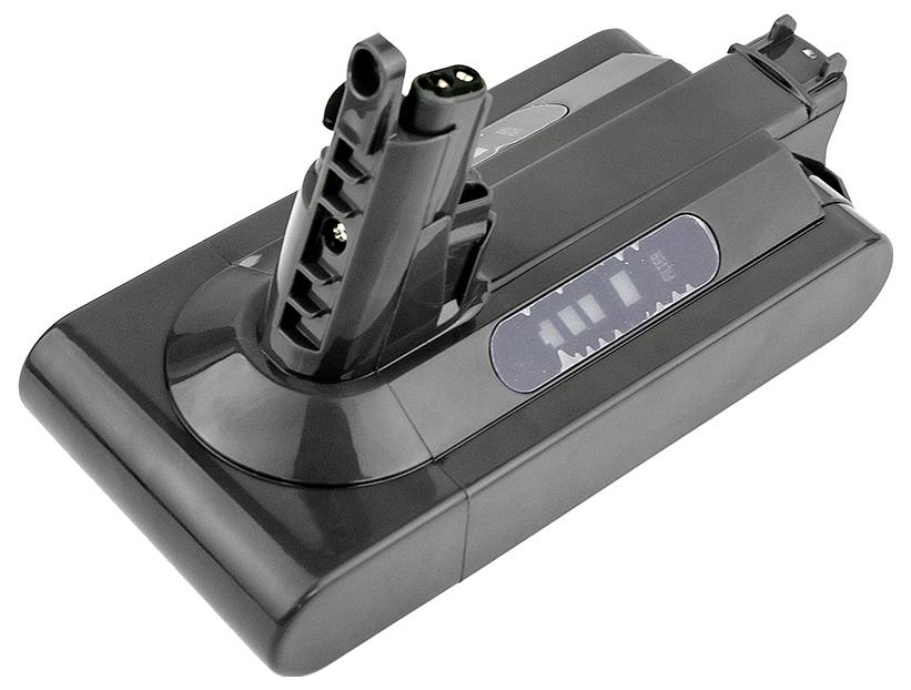 Un pacco batteria nero e compatto con due connettori e un display LED per l'indicazione del livello di carica sulla parte superiore.