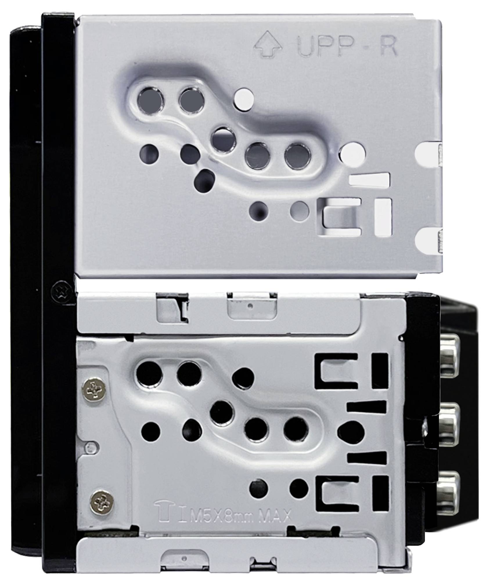 Supporto metallico con più fori e un'etichetta 'UPP-R'. Viti e punti di giunzione visibili, con riferimento al manuale di installazione.
