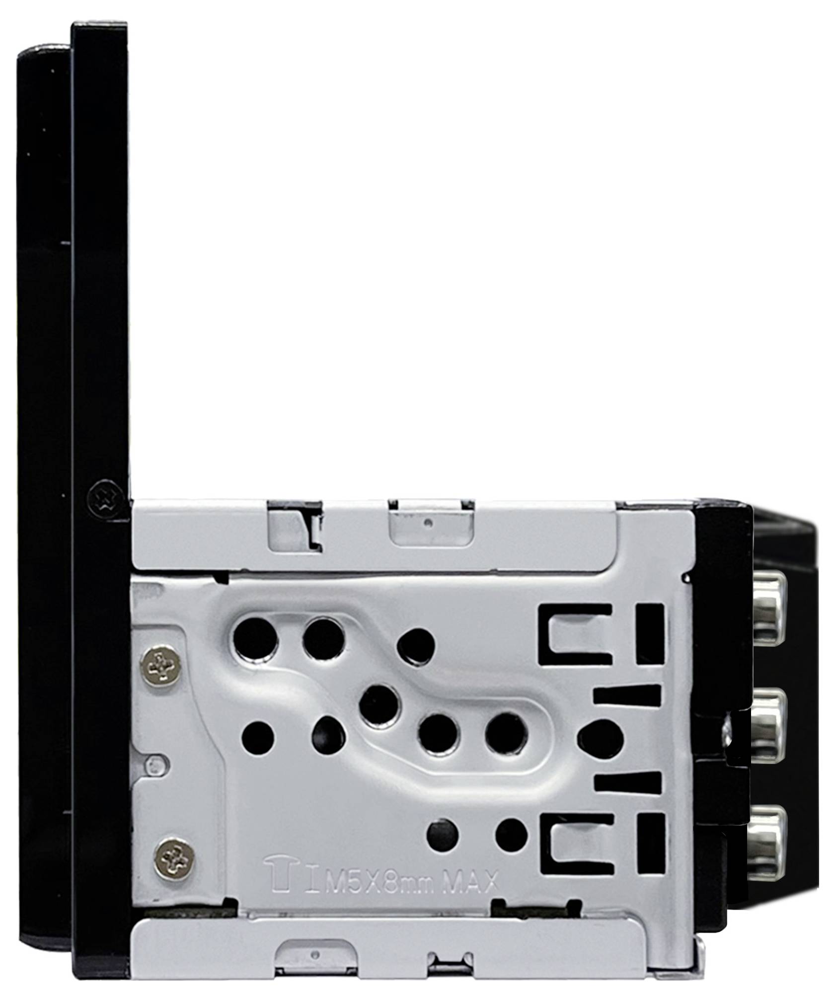 Supporto metallico con componenti nere e argentate, dotato di diversi fori passanti e viti installate. Adatto per dispositivi elettronici.