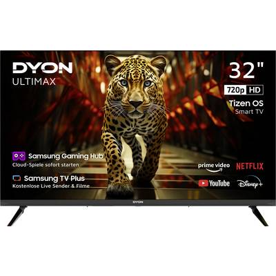 Televisore piatto Dyon Ultimax con l'immagine di un leopardo sullo schermo. Testo mostra '32 pollici', '720p HD', 'Sistema operativo Tizen'.