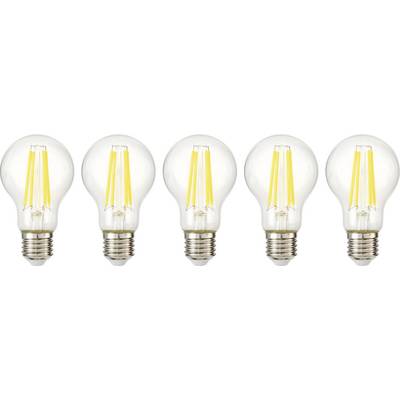 Cinque lampadine a LED disposte in fila, tutte identiche con filamenti luminosi, che rappresentano l'efficienza energetica e l'illuminazione moderna.
