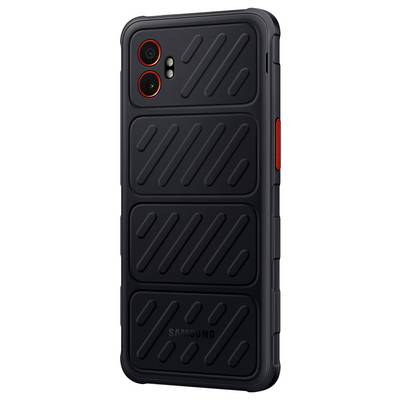 Smartphone con custodia nero strutturata e robusta, due fotocamere e bordi in rosso a contrasto, vista laterale.