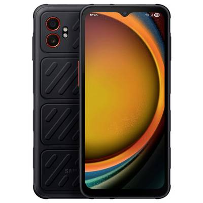 Smartphone nero con design posteriore a motivi e display ampio. Mostra una grafica soleggiata di colore arancione sullo schermo.