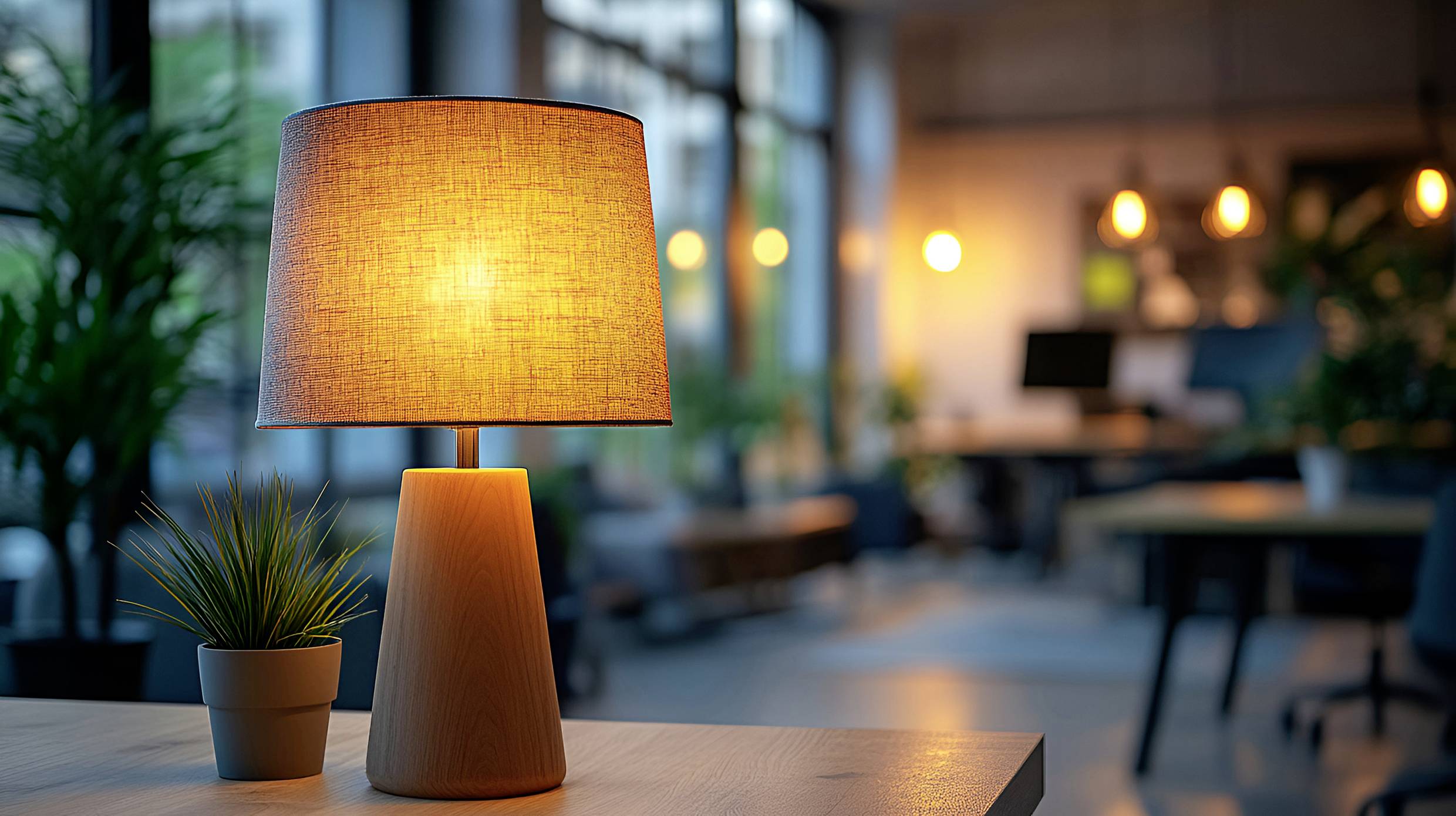 Una lampada da tavolo calda e luminosa su una scrivania in legno in un ufficio moderno con sfondo sfocato, che include grandi finestre e piante in vaso.