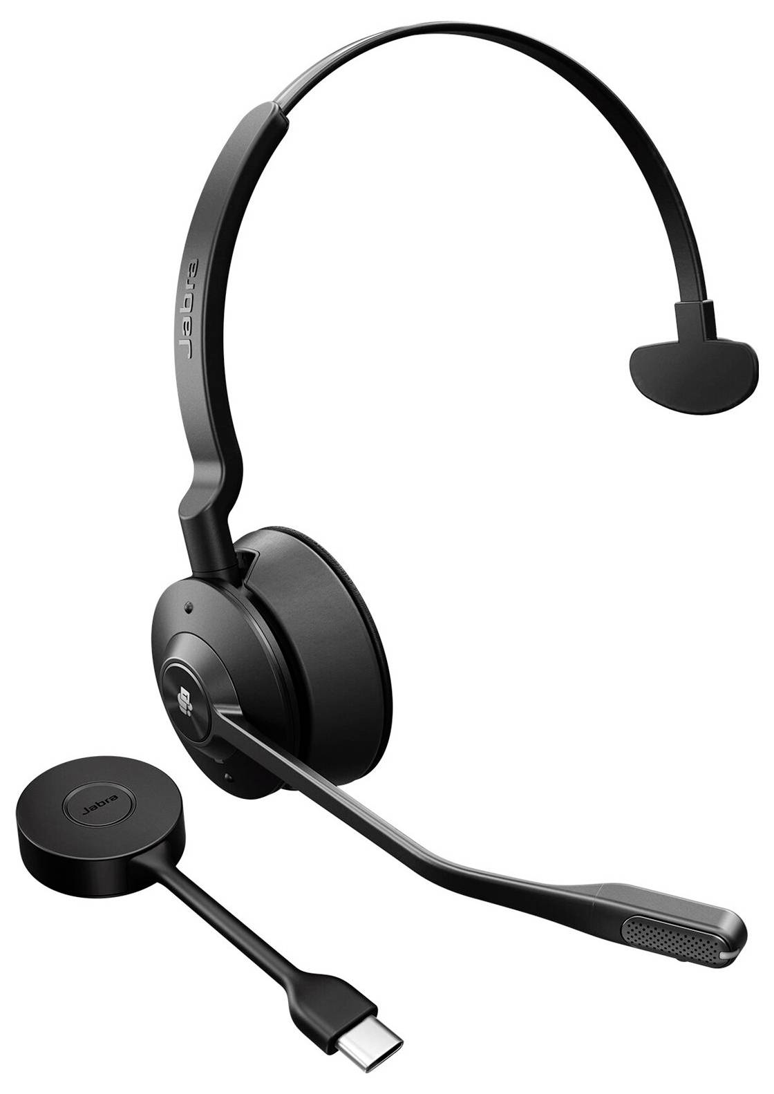 Un auricolare nero wireless con microfono e adattatore USB-C. Progettato per teleconferenze e ambienti d'ufficio.