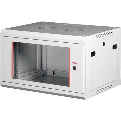 Un armadio rack per server a parete con porta anteriore in vetro, fessure di ventilazione e serratura, utilizzato per organizzare e proteggere apparecchiature di rete.