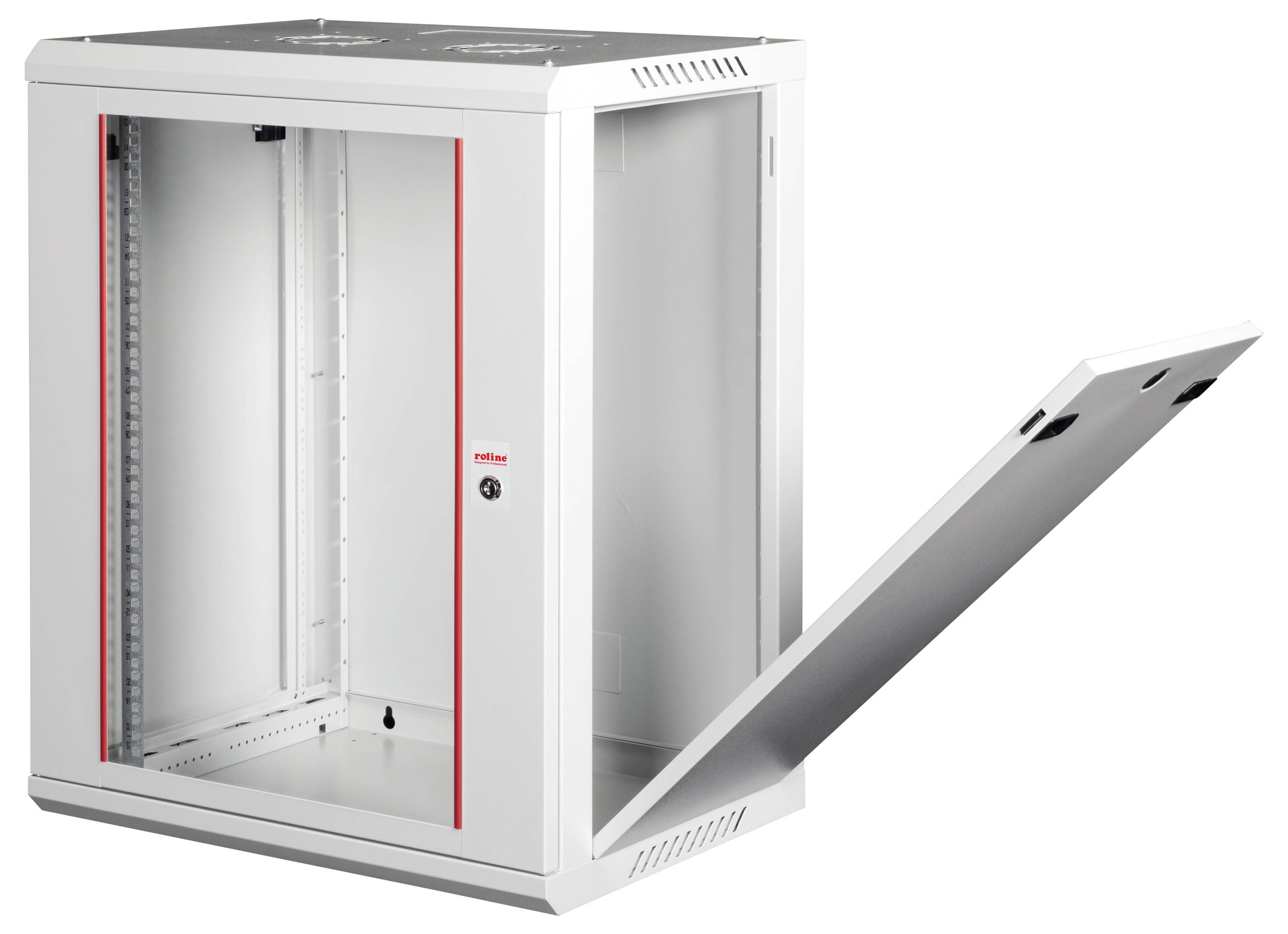 Un armadio rack per server in metallo con porta incernierata, verniciato di bianco con accenti rossi. È vuoto e idoneo per riporre apparecchiature di rete.