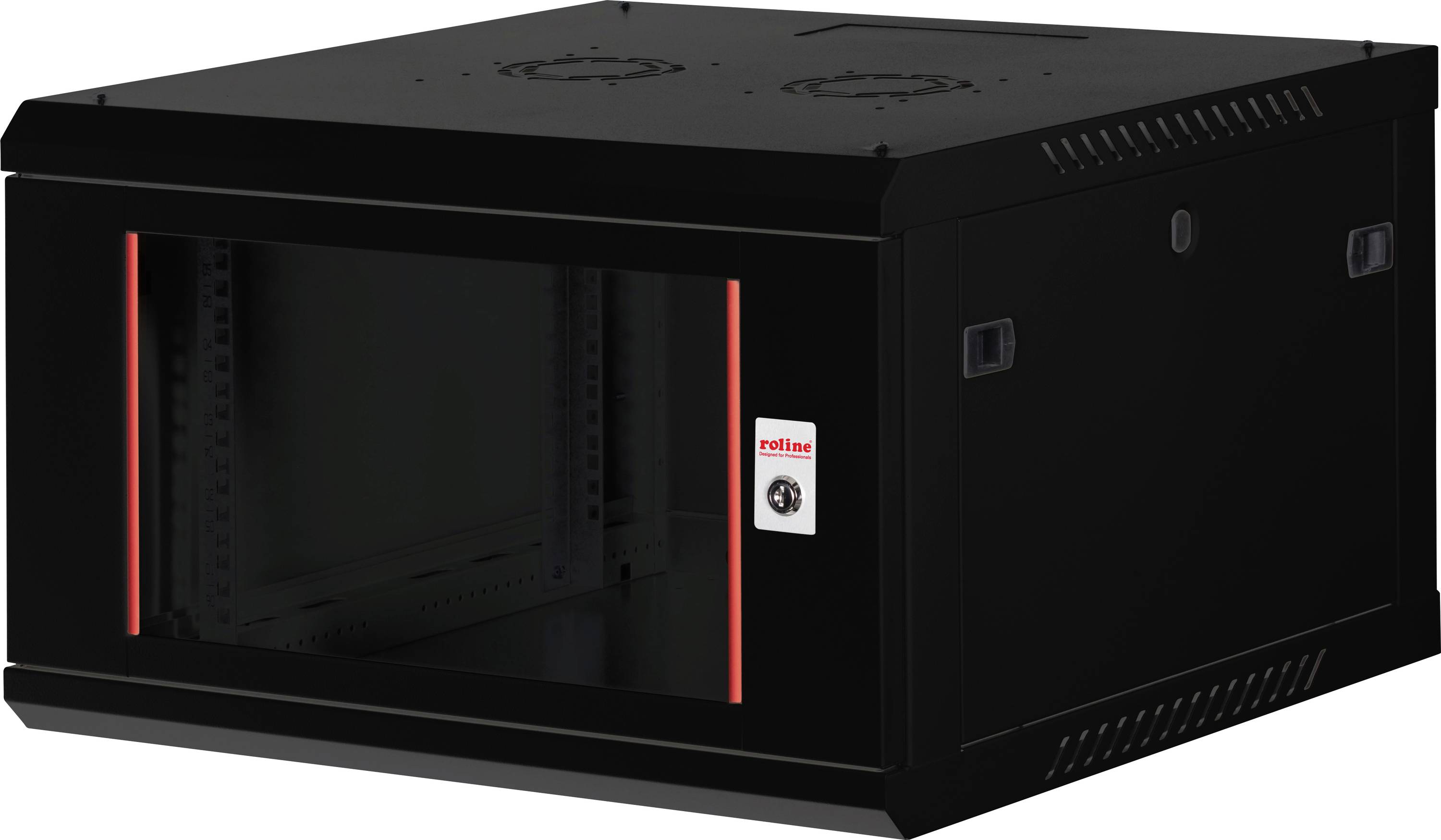 Un rack server nero da parete con pannello frontale in vetro, dotato di ventole di raffreddamento sulla parte superiore e con una porta chiudibile a chiave.