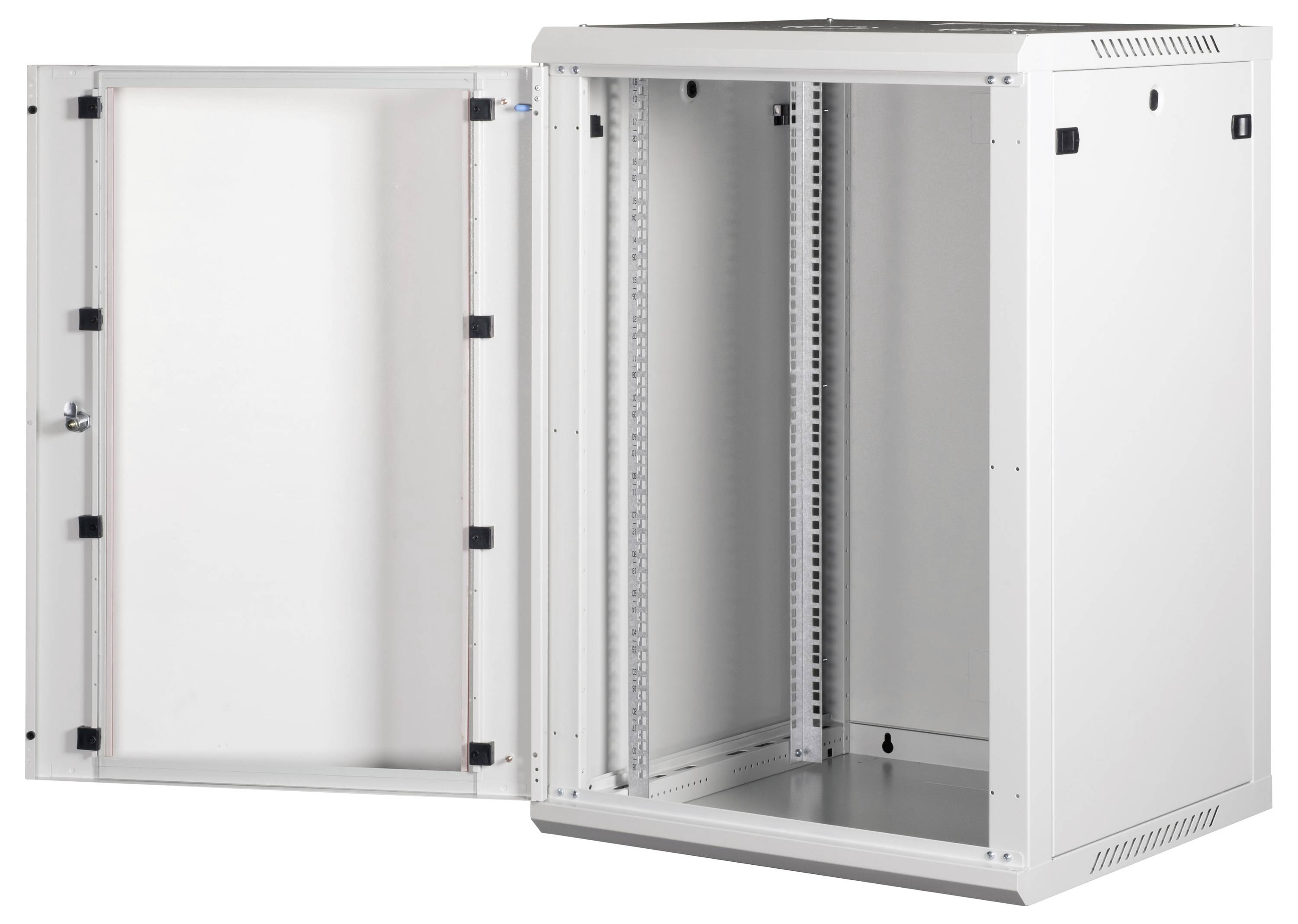 Un rack server bianco in metallo, aperto, con porta incernierata sul lato, che mostra gli slot vuoti per il montaggio di attrezzature elettroniche.