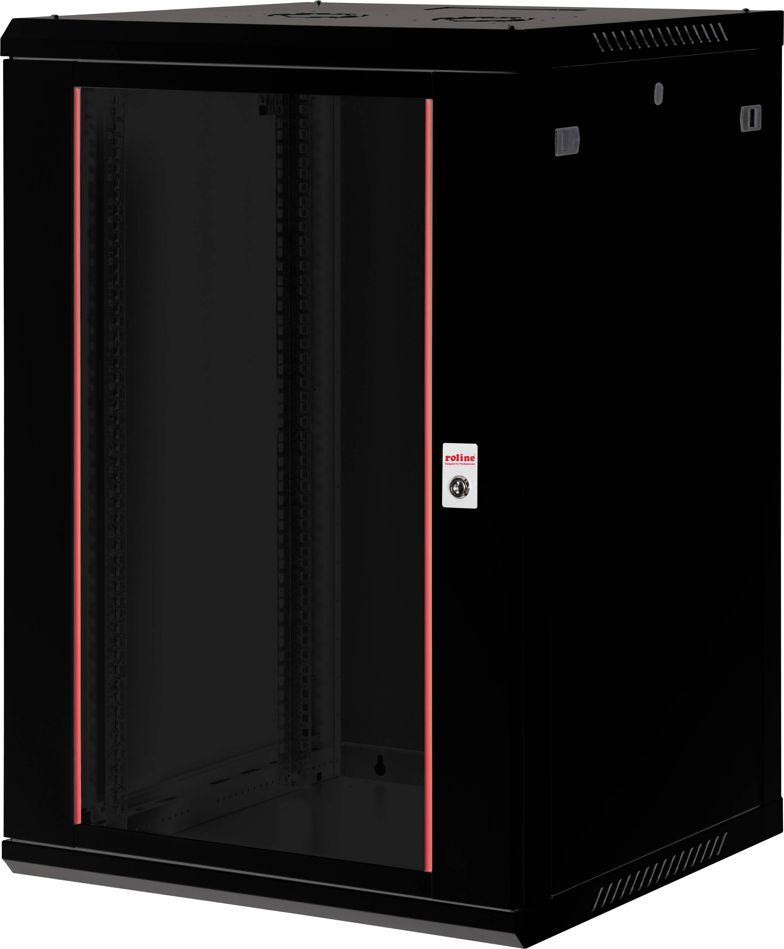 Un armadio rack nero per server con una porta anteriore trasparente con profili rossi. L'armadio è posizionato sul pavimento ed è vuoto all'interno.