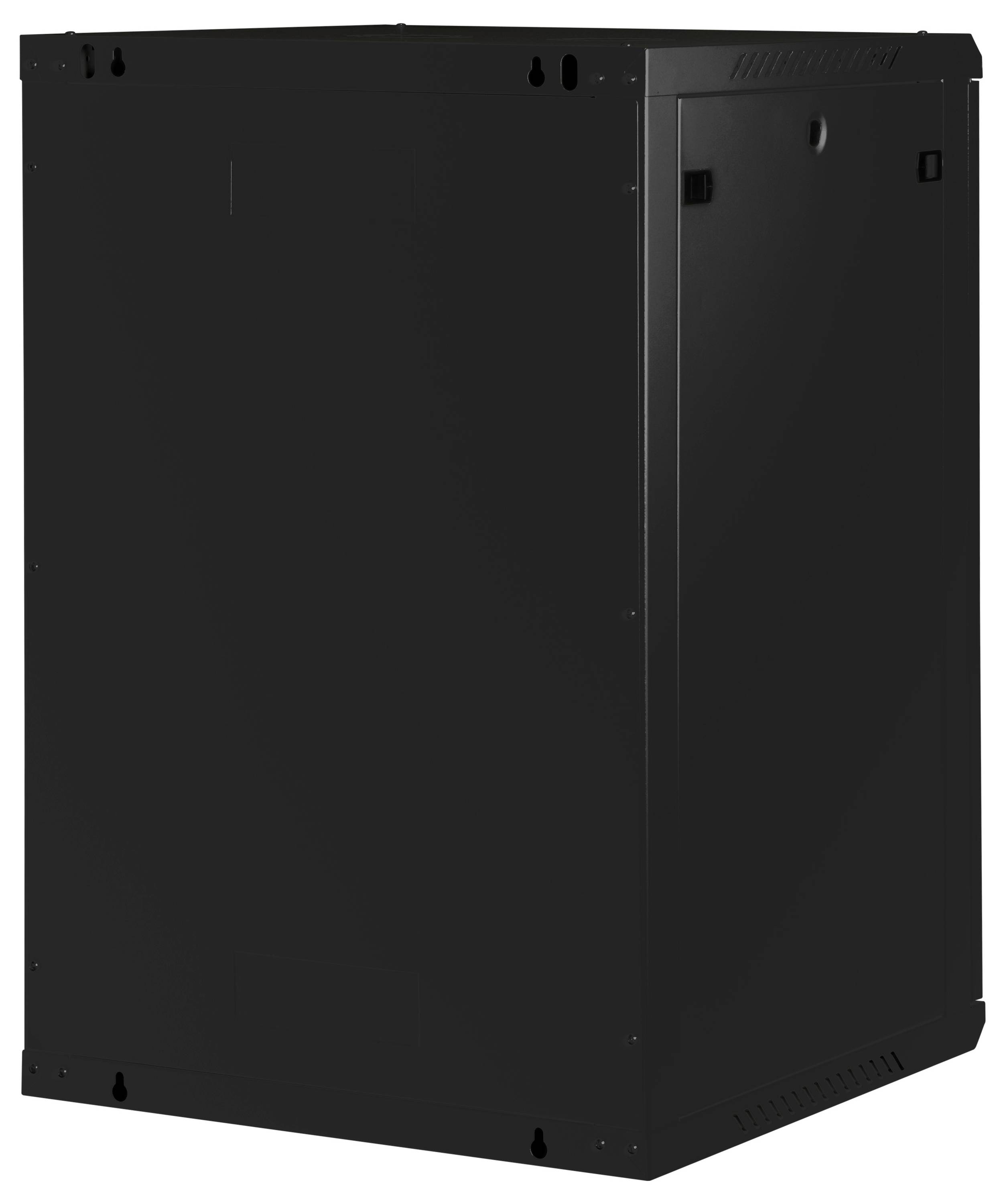 Un rack server nero con sportelli chiusi, visto da un angolo frontale. Il rack server appare vuoto, con un design semplice e lineare.