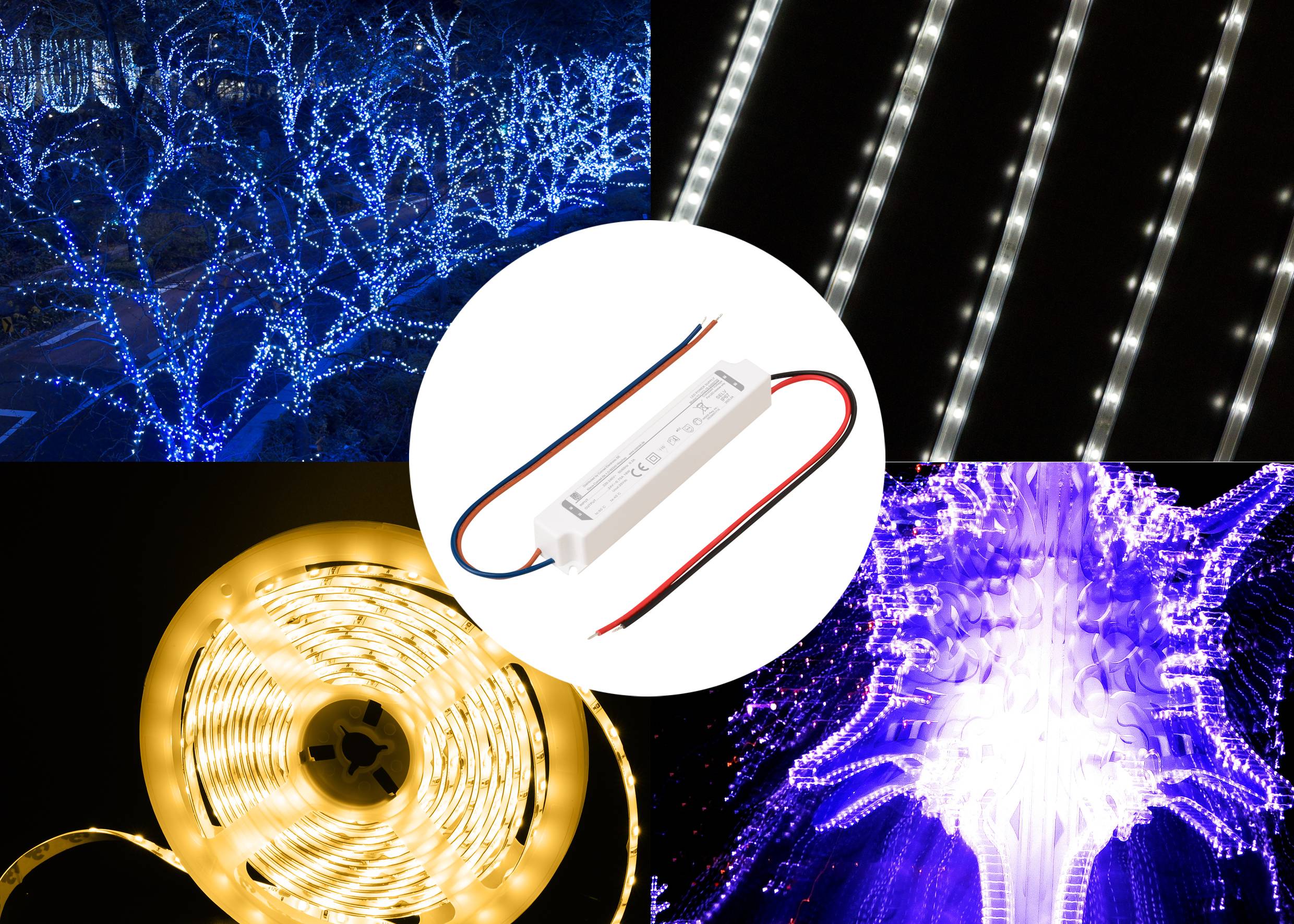 Luci LED in vari colori e configurazioni: illuminazioni ad albero blu, strisce bianche, spirali gialle e decorazioni a motivi viola con un modulo di alimentazione centrale esposto.