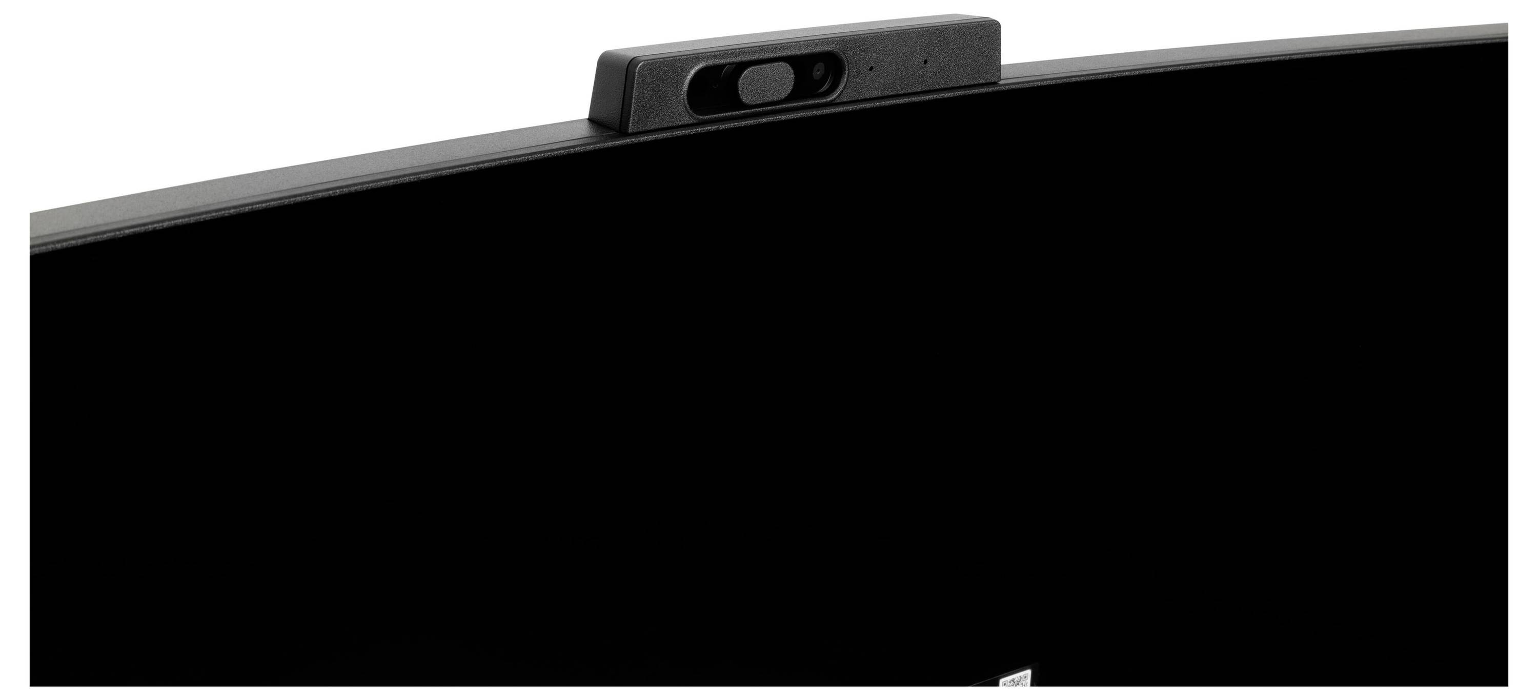 Un monitor nero con una webcam integrata in alto al centro. La fotocamera è facilmente riconoscibile e posizionata centralmente.