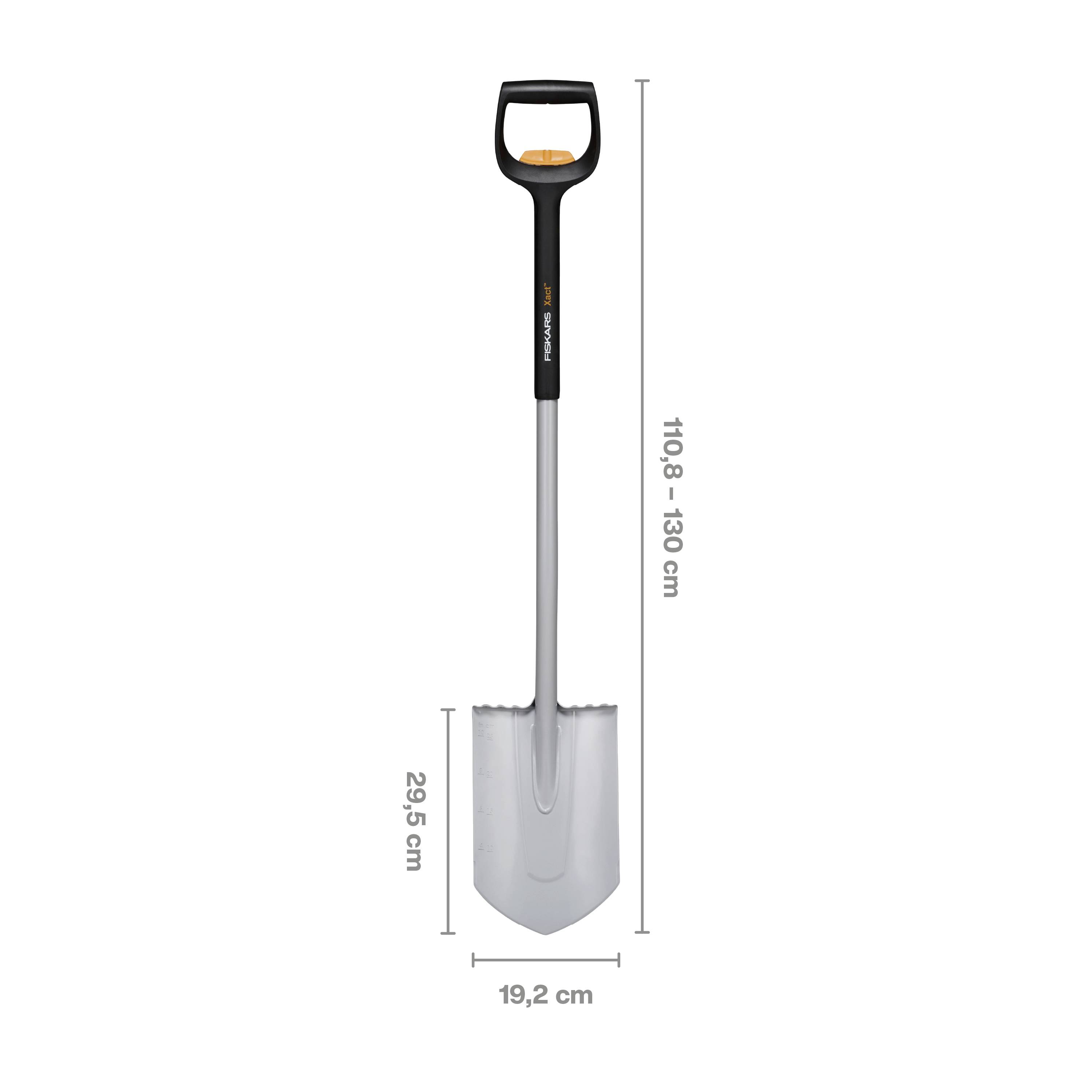Una pala con un manico ergonomico misura 110,8-130 cm di lunghezza e ha una pala di 29,5 cm di lunghezza e 19,2 cm di larghezza.