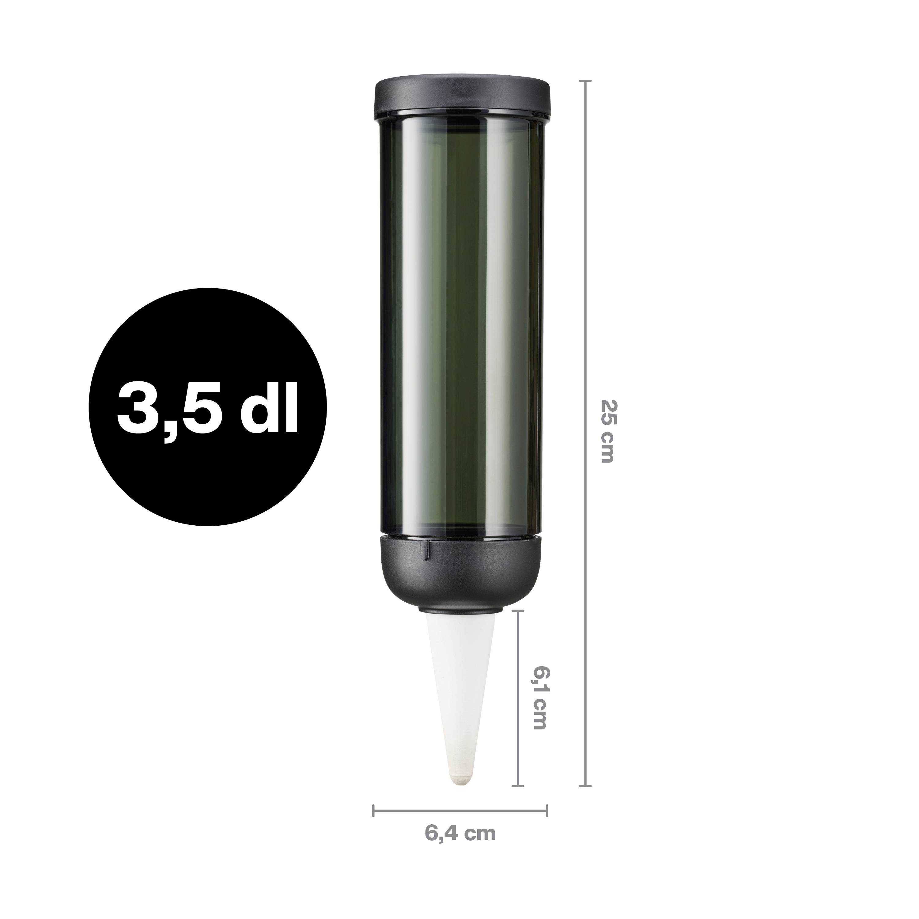 Contenitore nero, cilindrico, con beccuccio appuntito, diametro 6,4 cm, altezza 25 cm, volume 3,5 dl, adatto all'erogazione di liquidi.