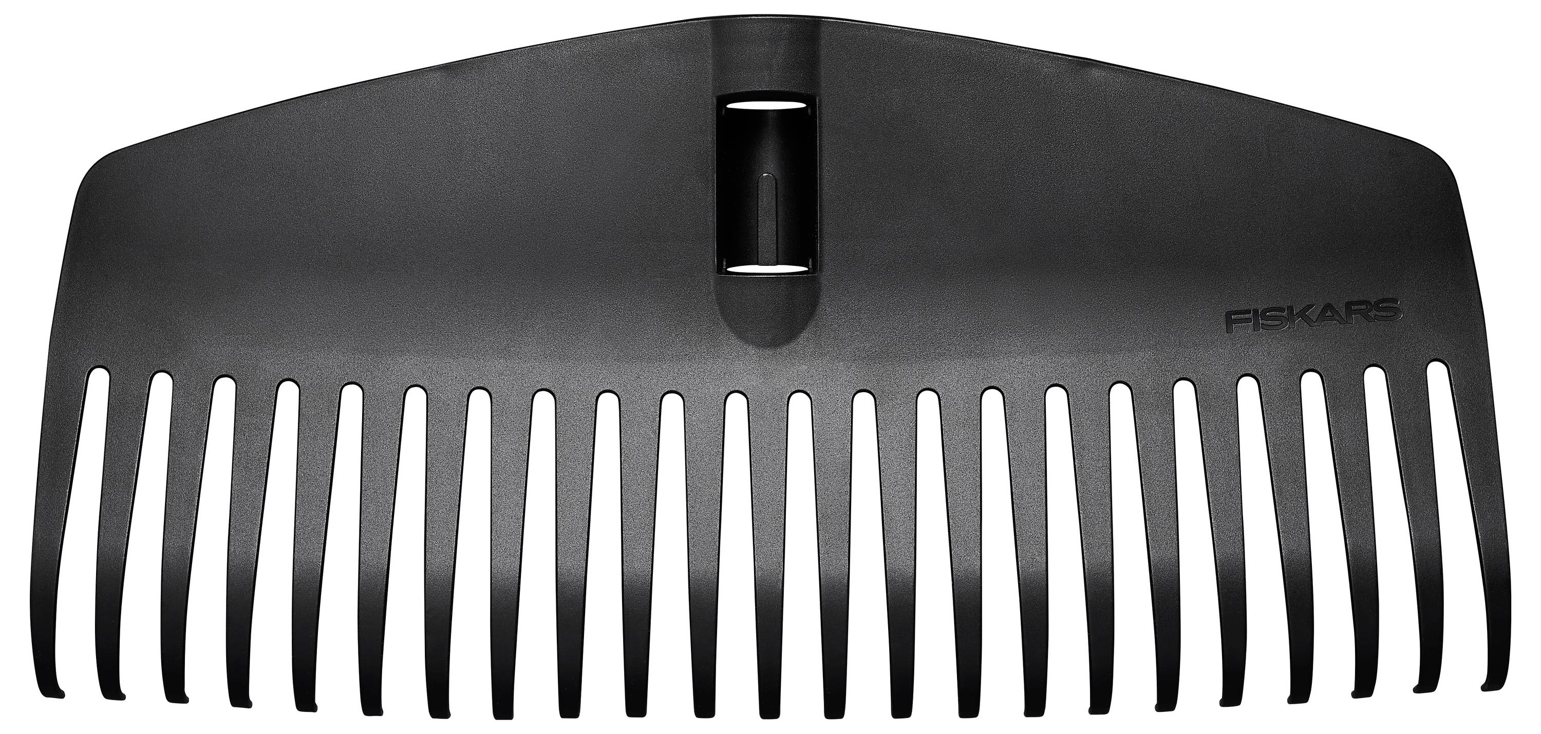 Un grande rastrello nero con punte curve, adatto per raccogliere le foglie.