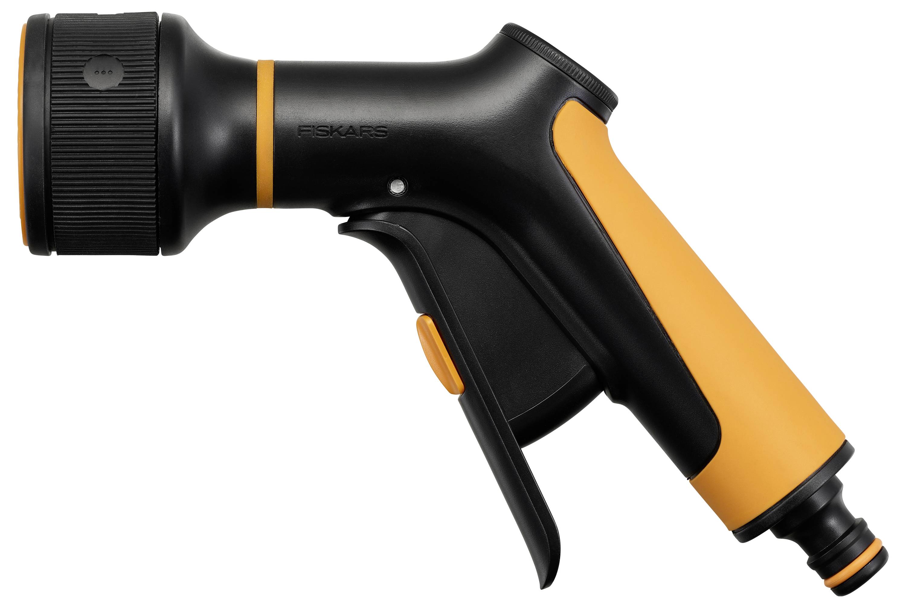 Una pistola a spruzzo da giardino arancione e nera, dalla forma ergonomica, da collegare a un tubo da giardino.