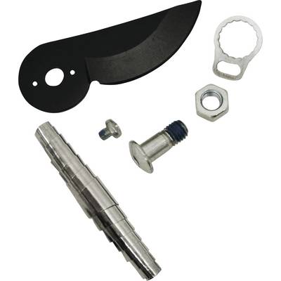 Componenti di un coltello pieghevole, tra cui una lama nera, cuscinetto a cerniera, viti e un dado, su sfondo bianco.