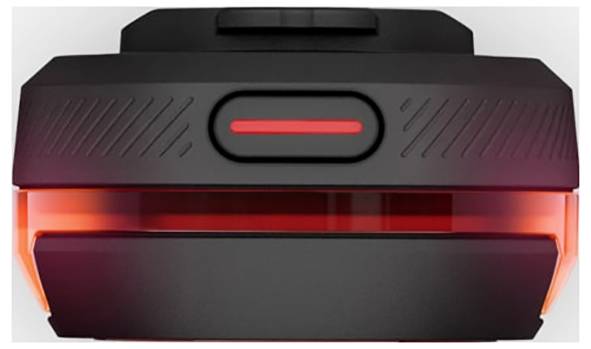 Un dispositivo nero con una striscia luminosa rossa al centro, che potrebbe fungere da sensore o segnale di avvertimento.