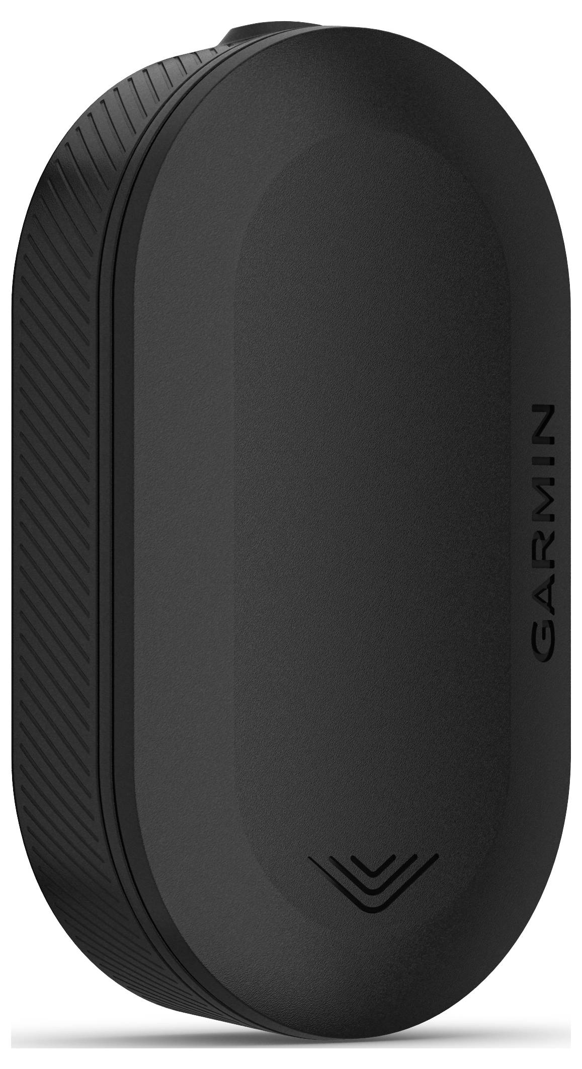 Dispositivo Garmin nero, ovale, con bordo zigrinato, adatto al monitoraggio o alla navigazione.