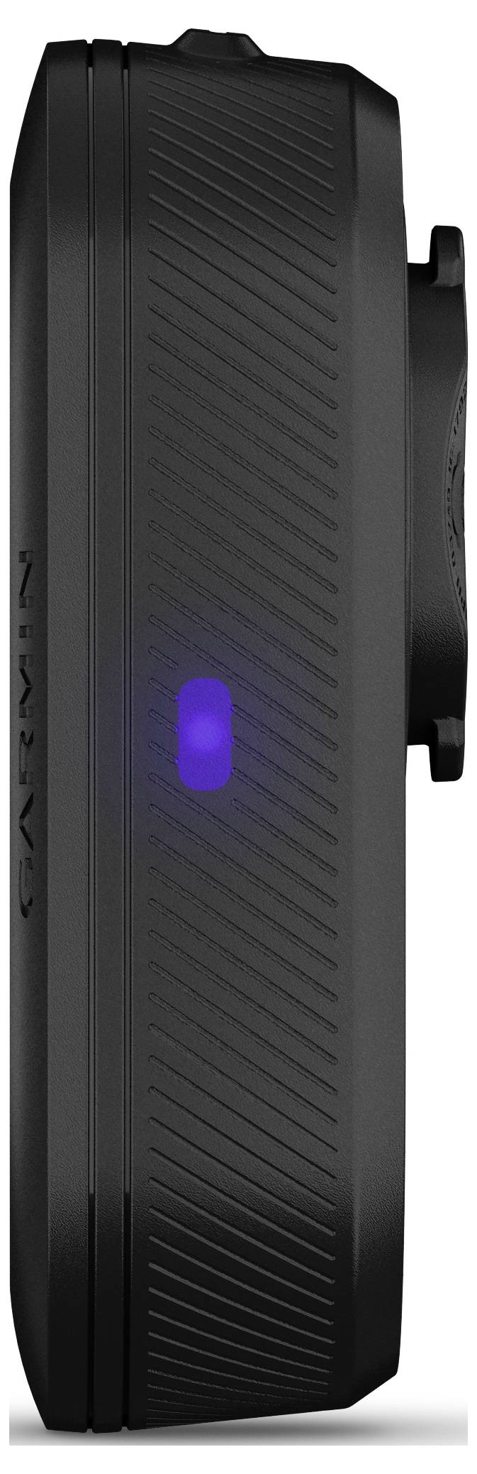 Vista laterale di un dispositivo nero con un LED blu, probabilmente un accessorio o gadget tecnologico.
